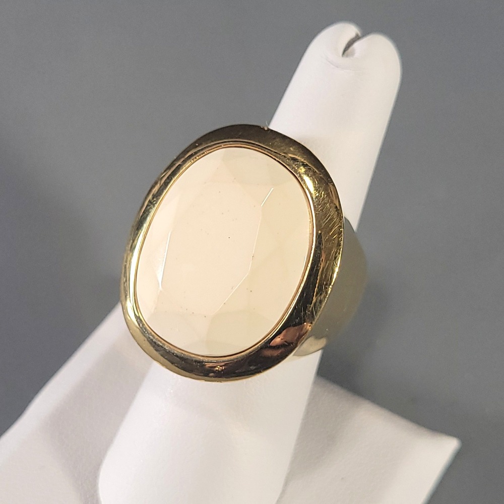Kenneth Jay Lane Cocktail Ring Womens 6.75 Gold Cream Chunky Faceted Statement